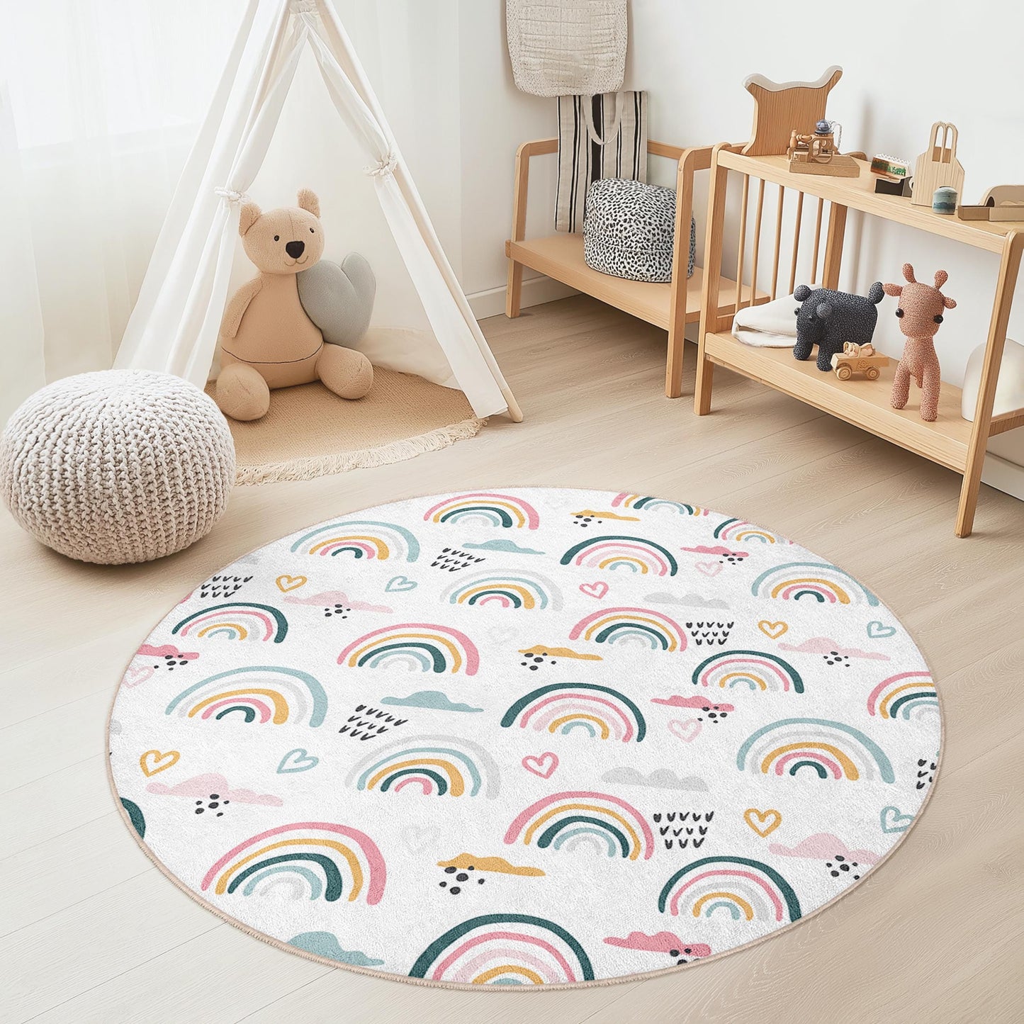 Regenbogen-Spielteppich für Kinder: Weicher Kinderzimmerteppich mit Wolkenmotiv