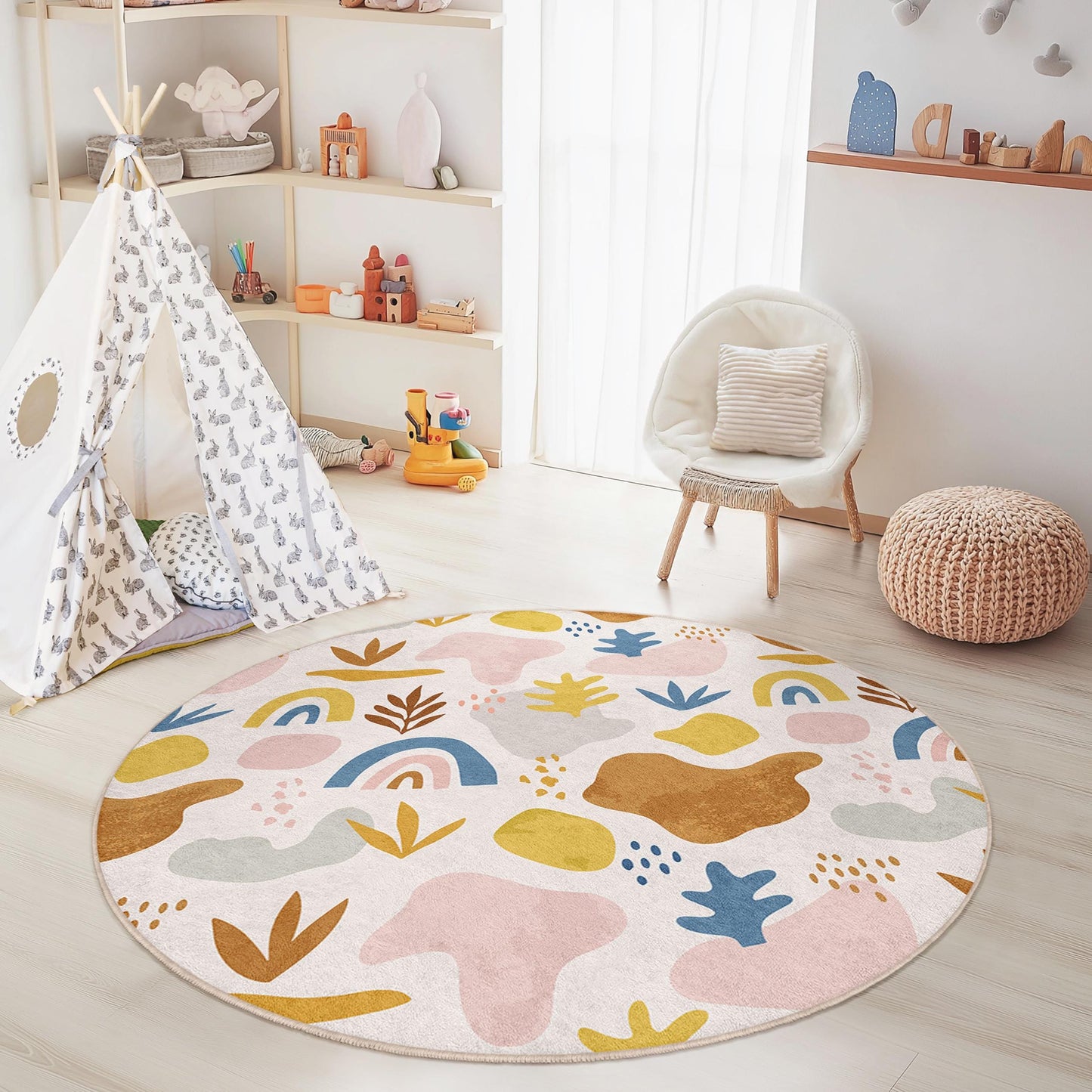 Verspielter runder Kinderteppich, farbenfroher abstrakter Spielzimmerteppich, weicher Kinderzimmerteppich, lustige Spielmatte für Kinderzimmer