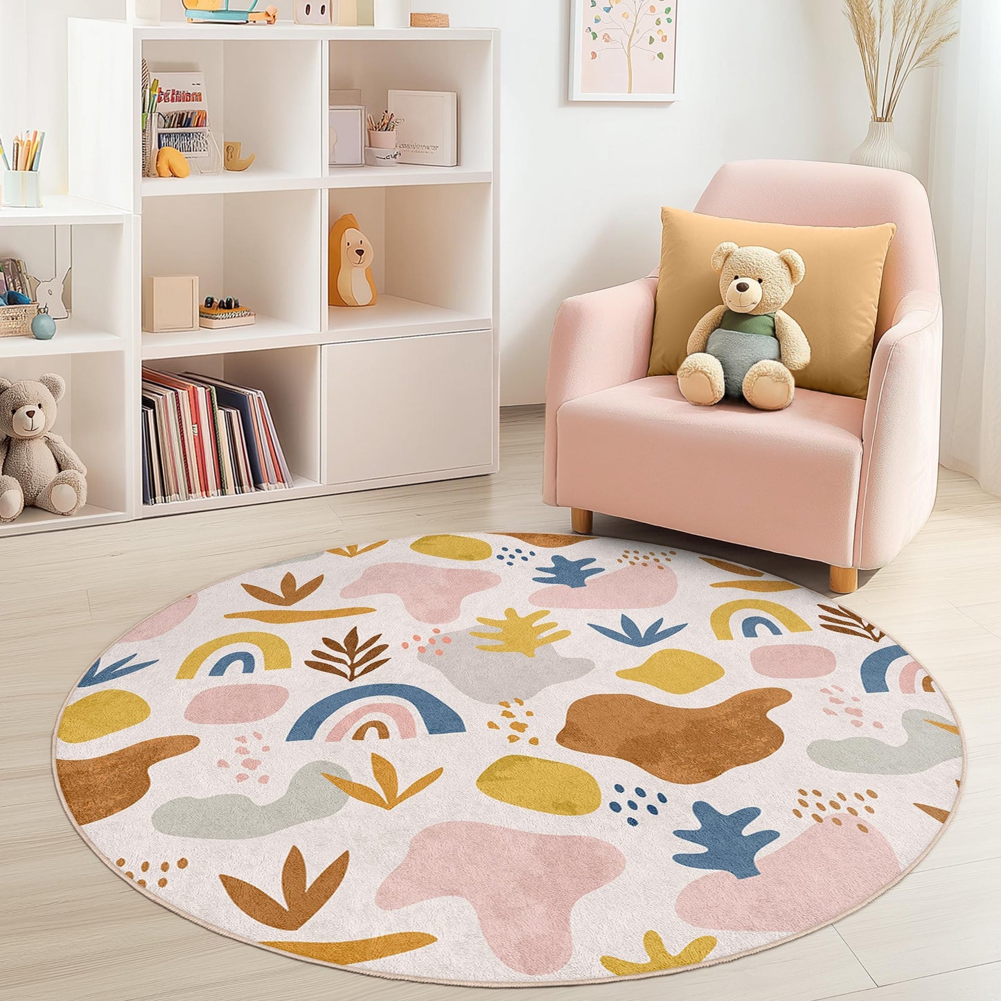 Verspielter runder Kinderteppich, farbenfroher abstrakter Spielzimmerteppich, weicher Kinderzimmerteppich, lustige Spielmatte für Kinderzimmer