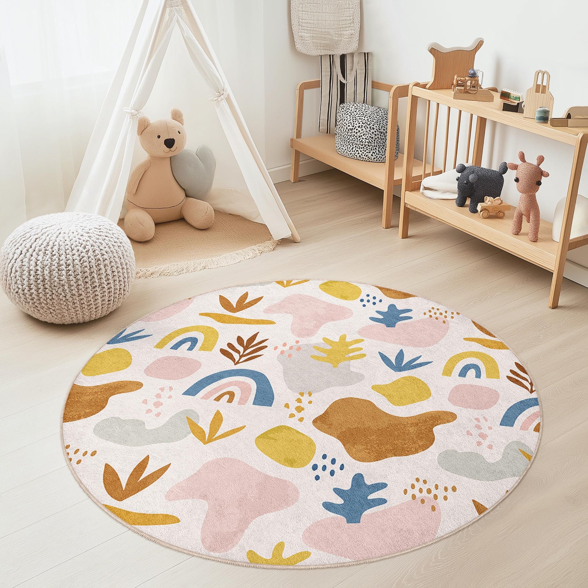 Whimsical Round Kids Area Rug, Colorful Abstract Playroom Rug, Soft Nursery Carpet, Fun Play Mat for Children's Rooms