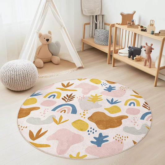 Whimsical Round Kids Area Rug, Colorful Abstract Playroom Rug, Soft Nursery Carpet, Fun Play Mat for Children's Rooms