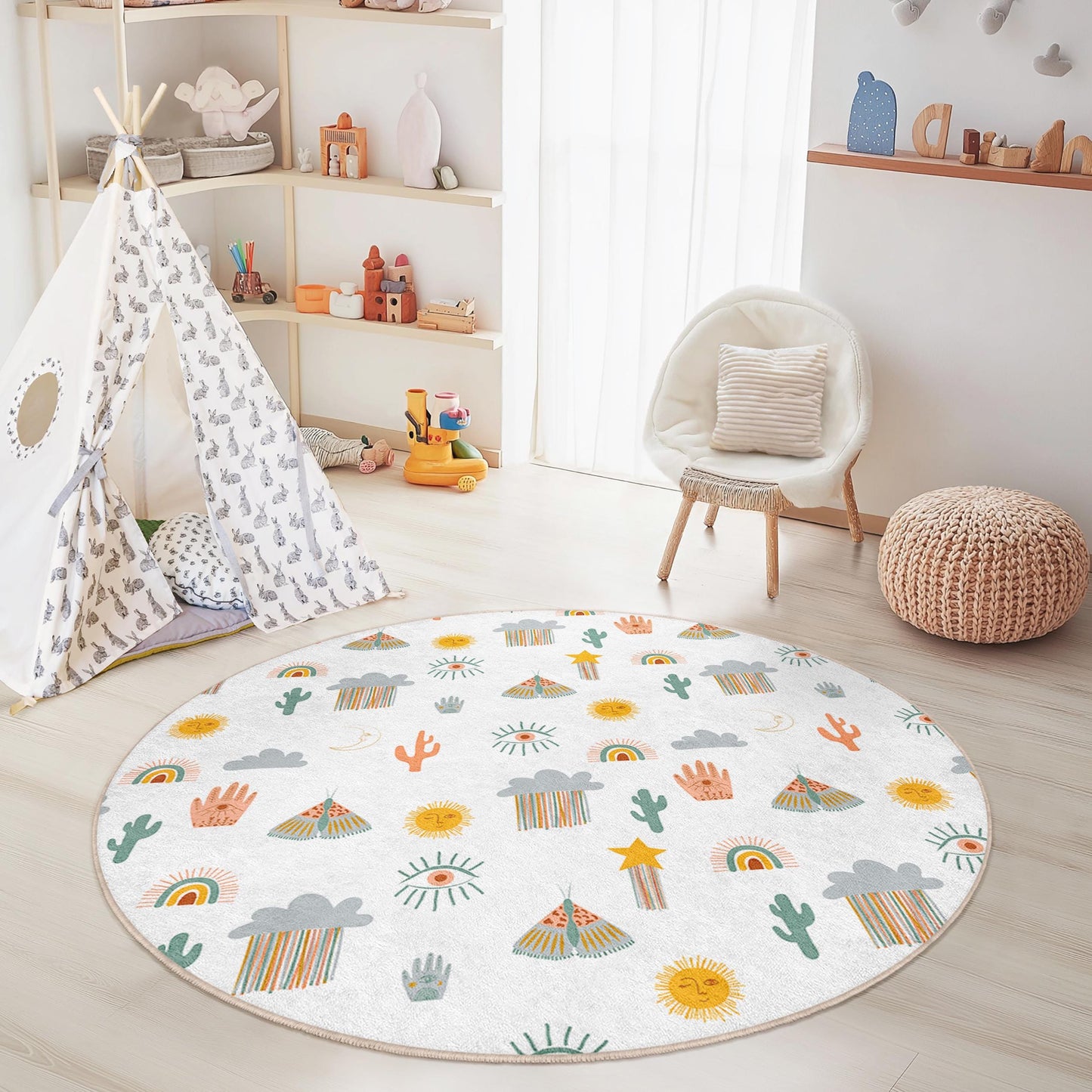 Bunter runder Kinderteppich „Wüstenabenteuer“, Spielmatte mit lustigem Muster, Kinderzimmerdeko, Kinderzimmerteppich, interaktive Spielmatte