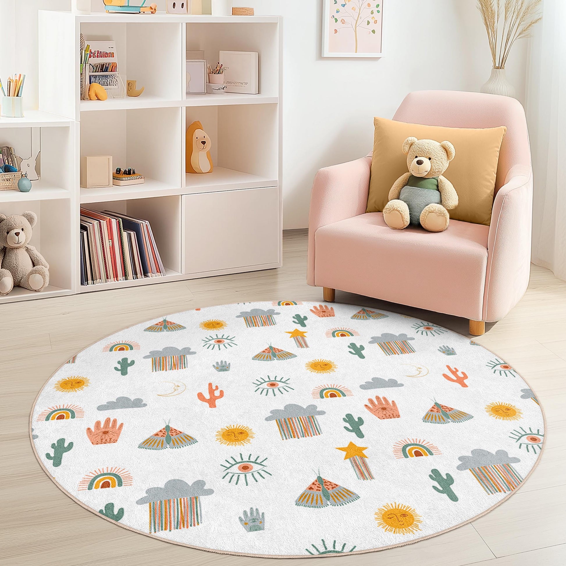 Colorful Desert Adventure Round Kids Rug, Fun Pattern Play Mat, Nursery Decor, Kids Room Carpet, Interactive Play Mat