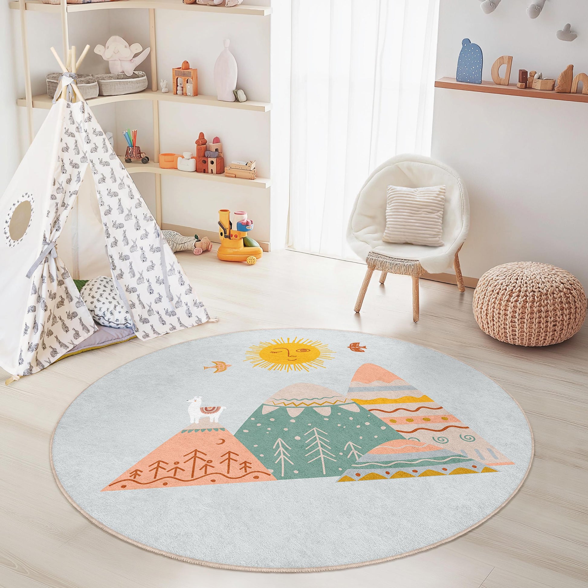 Whimsical Mountain Landscape Round Kids Rug, Soft Pastel Kids Room Carpet, Playful Nursery Decor, Cozy Round Area Rug