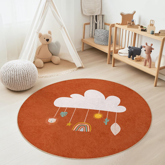 Cloud Themed Round Kids Rug, Cozy Playroom Decor, Soft Nursery Carpet, Colorful Round Rug for Kids, Baby Room Decoration