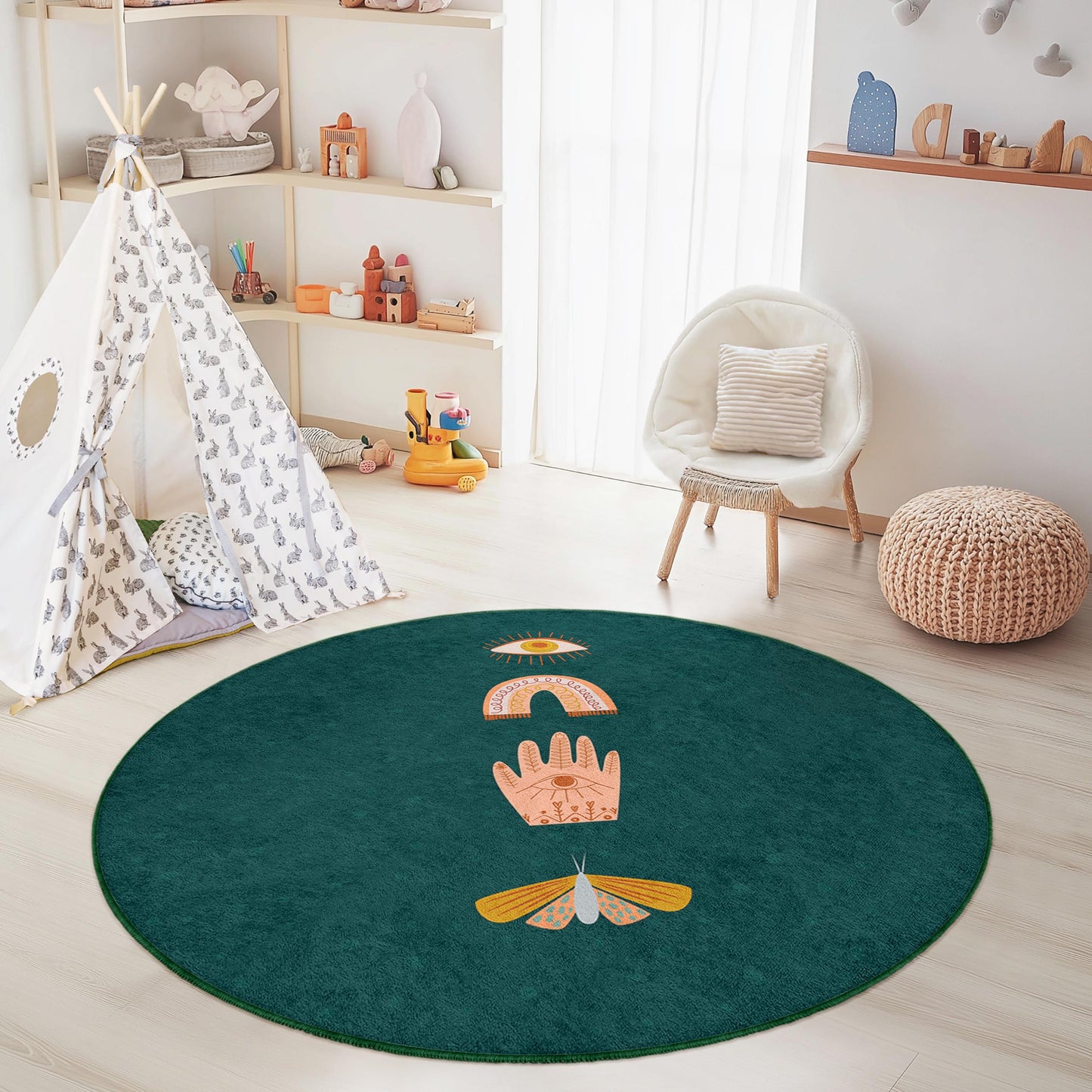 Mystischer Kinderteppich: Buntes Augen- und Regenbogenmotiv – Spielzimmerdekoration
