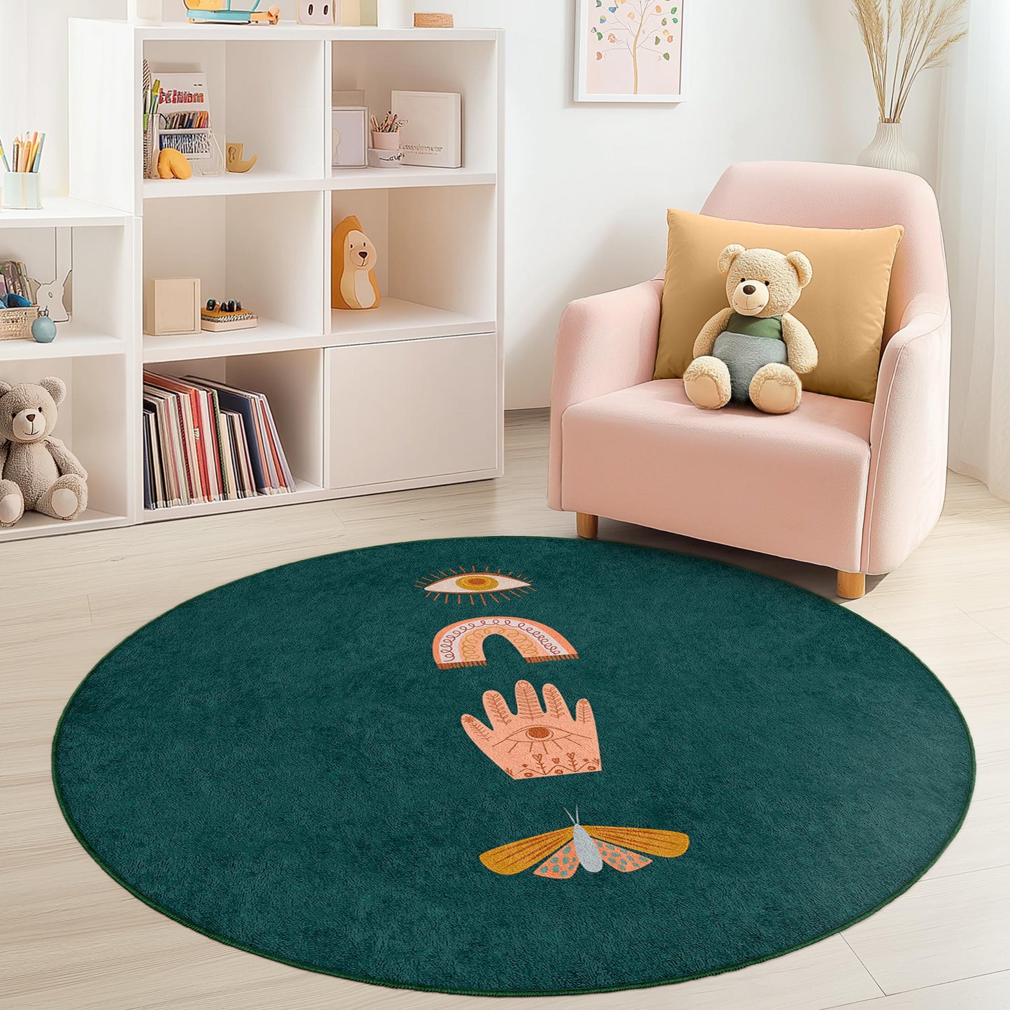 Mystischer Kinderteppich: Buntes Augen- und Regenbogenmotiv – Spielzimmerdekoration
