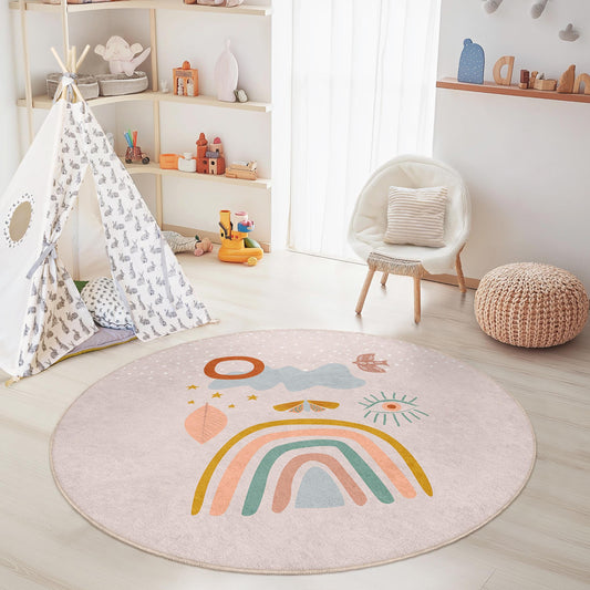 Whimsical Rainbow Round Kids Rug, Colorful Circle Rug for Playroom, Nursery Decor, Soft Round Carpet for Children's Room