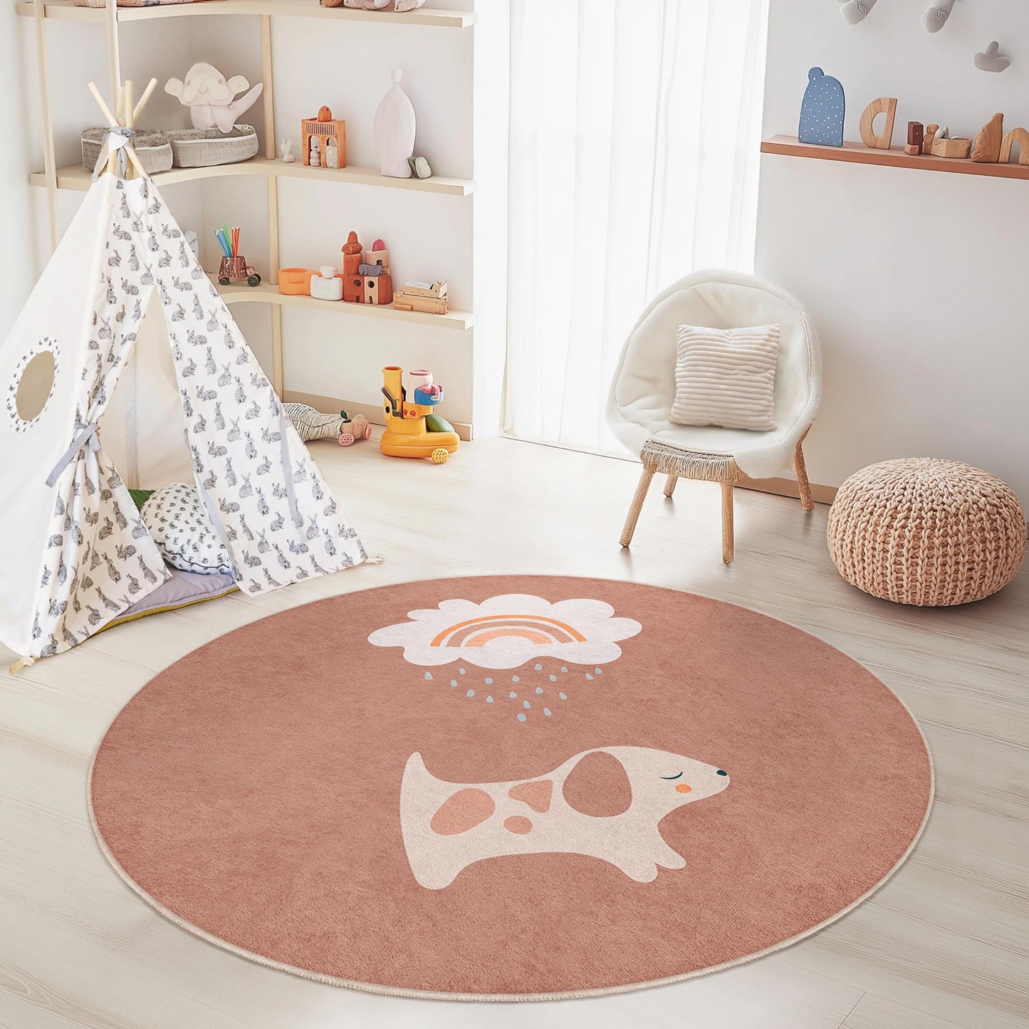 Niedlicher runder Kinderteppich mit Regenbogenmuster und Hundemotiv, Kinderzimmerdeko, Spielmatte, weicher runder Teppich fürs Kinderzimmer, bezaubernder Teppich mit Haustiermotiv