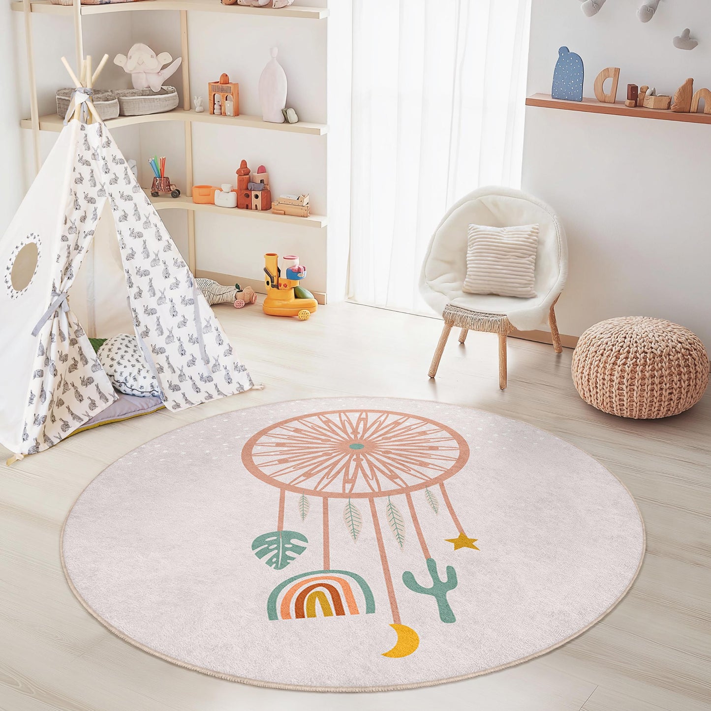 Runder Kinderteppich „Traumfänger“, Boho-Kinderzimmerdeko, weicher runder Teppich für Kinderzimmer, Spielzimmerteppich, einzigartiges Kindergeschenk