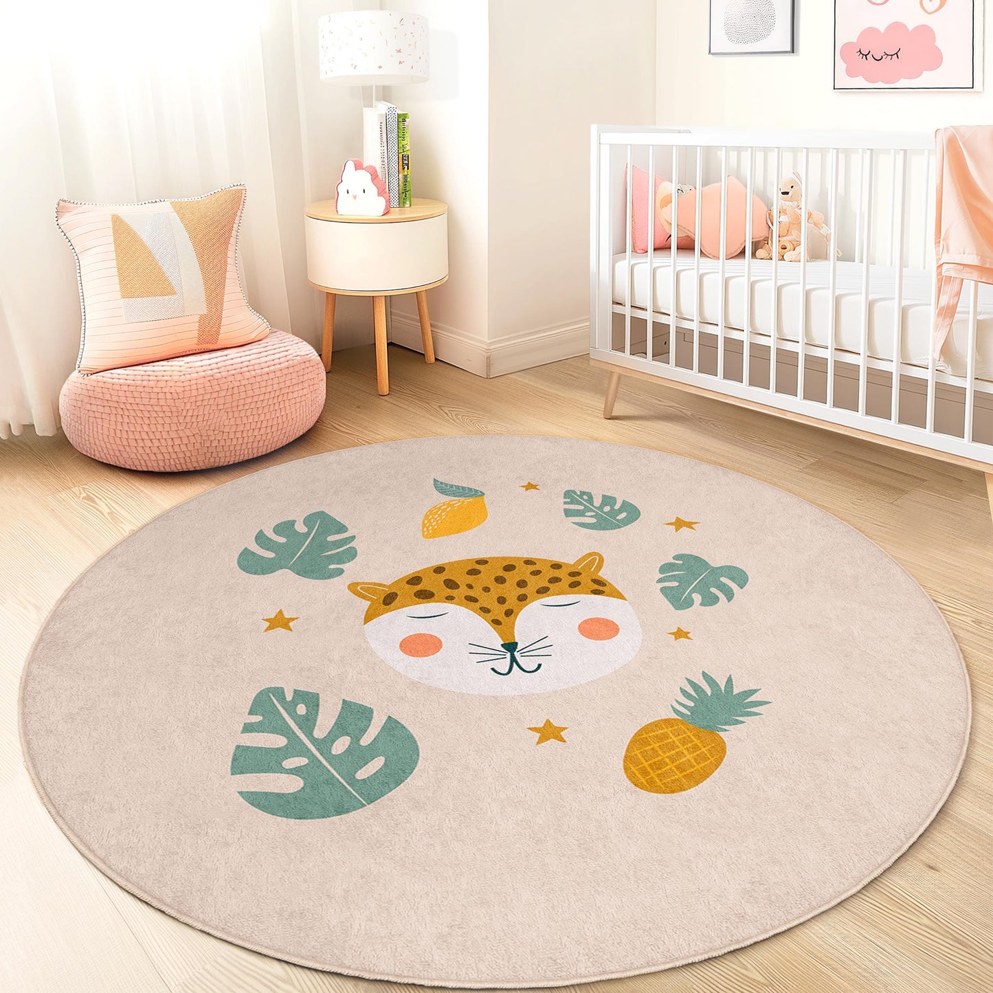 Niedlicher runder Dschungeltier-Kinderteppich, Leopardenmuster-Kinderzimmerteppich, lustige Spielzimmerdekoration, weiche Spielmatte fürs Kinderzimmer