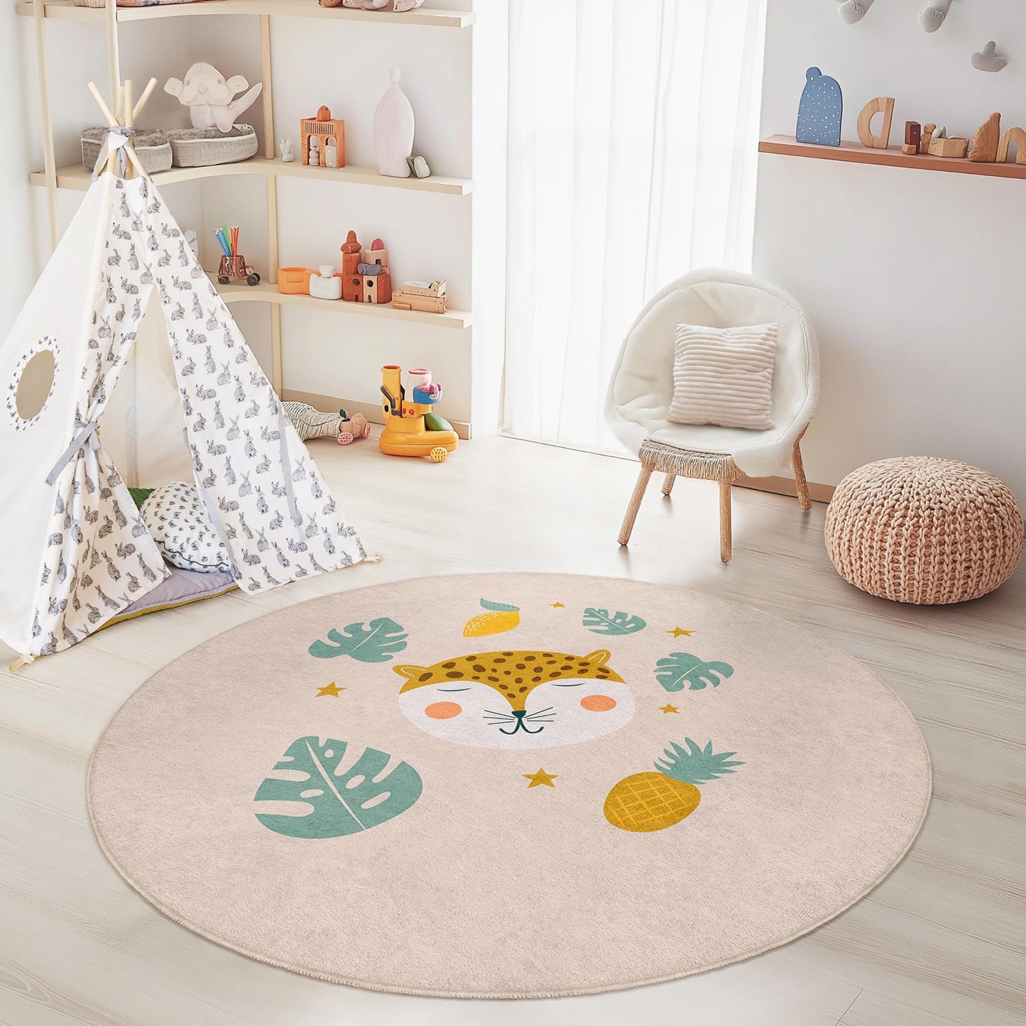 Niedlicher runder Dschungeltier-Kinderteppich, Leopardenmuster-Kinderzimmerteppich, lustige Spielzimmerdekoration, weiche Spielmatte fürs Kinderzimmer
