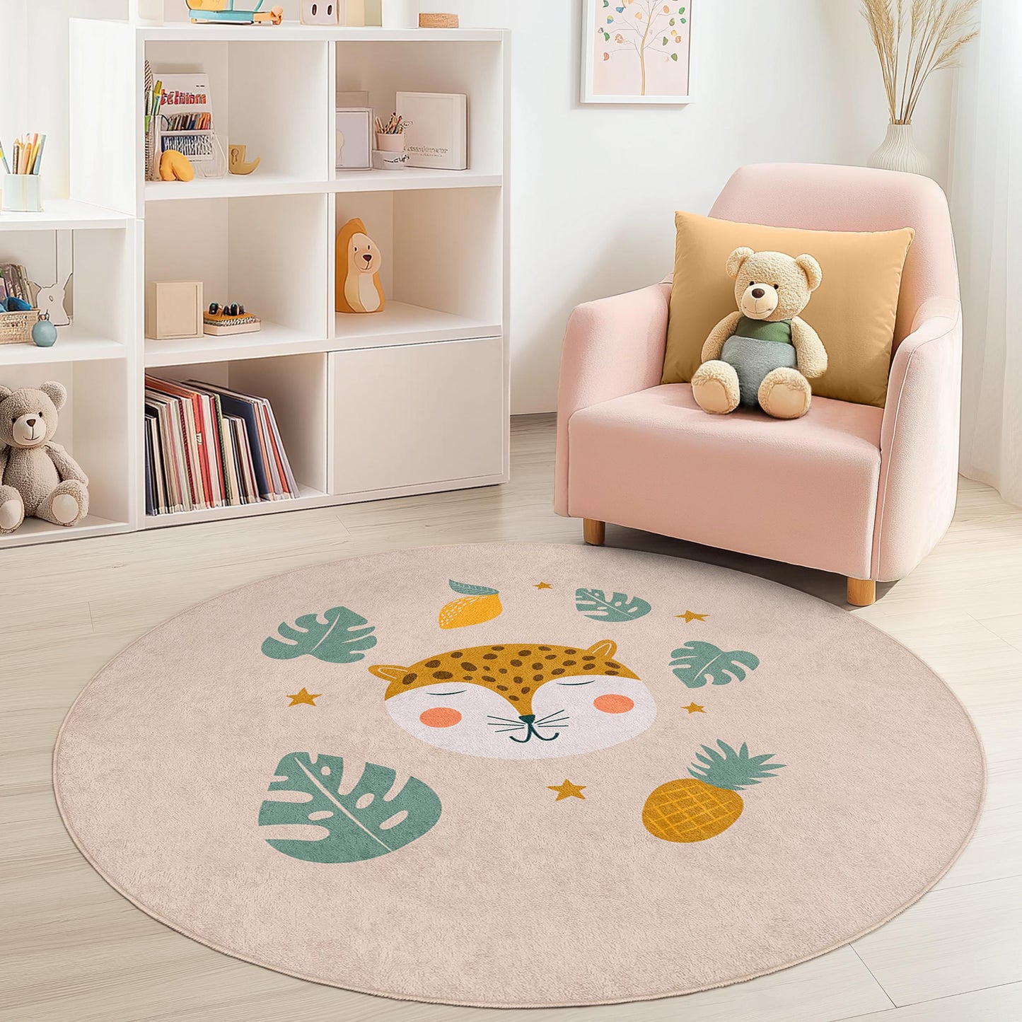 Cute Jungle Animal Round Kids Rug, Leopard Face Nursery Carpet, Fun Playroom Decor, Soft Play Mat for Child's Room