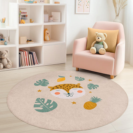 Cute Jungle Animal Round Kids Rug, Leopard Face Nursery Carpet, Fun Playroom Decor, Soft Play Mat for Child's Room