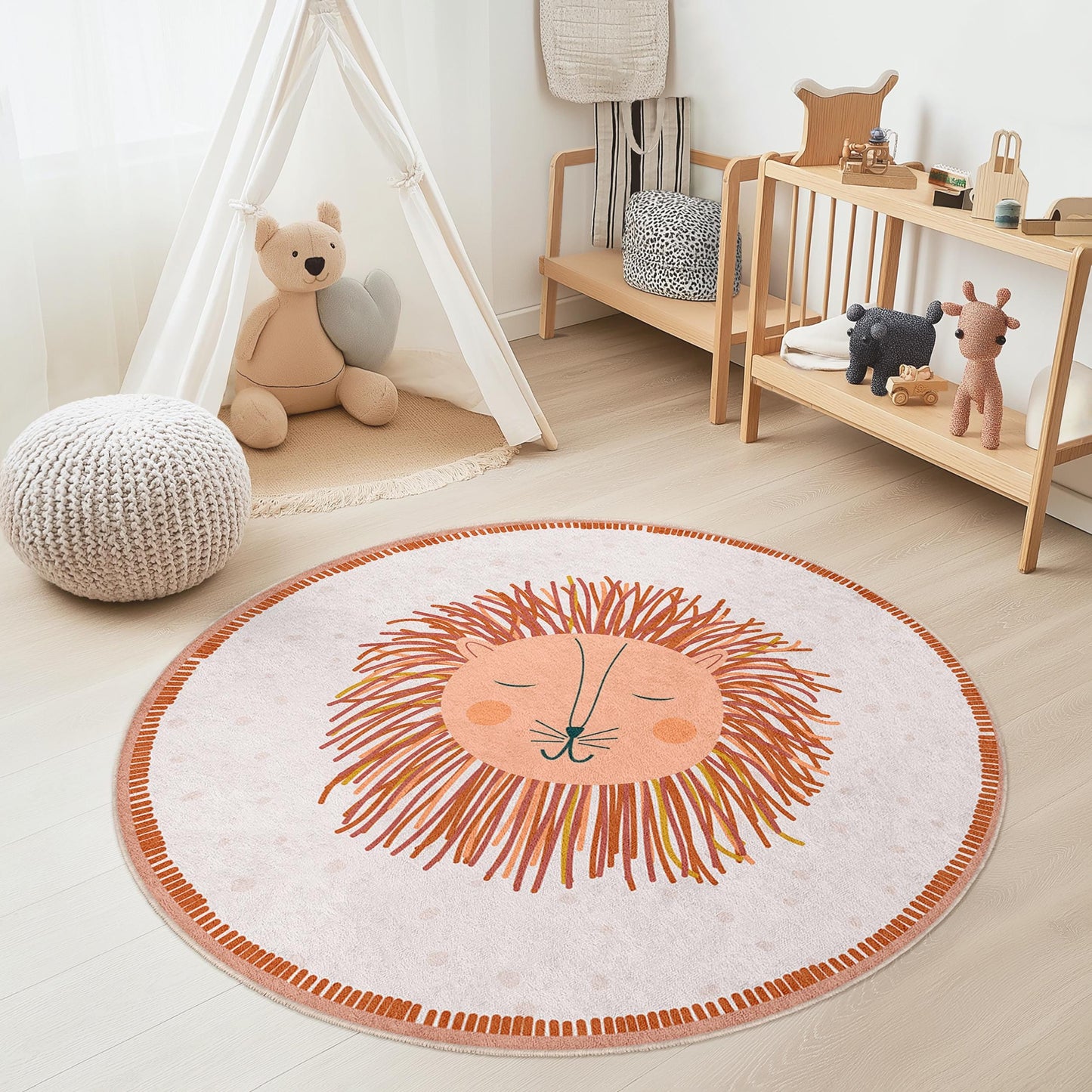 Niedlicher runder Löwenteppich für Kinder, weicher Spielzimmerteppich, bezaubernde Kinderzimmerdekoration, runder Tierteppich, Kinderzimmeraccessoires