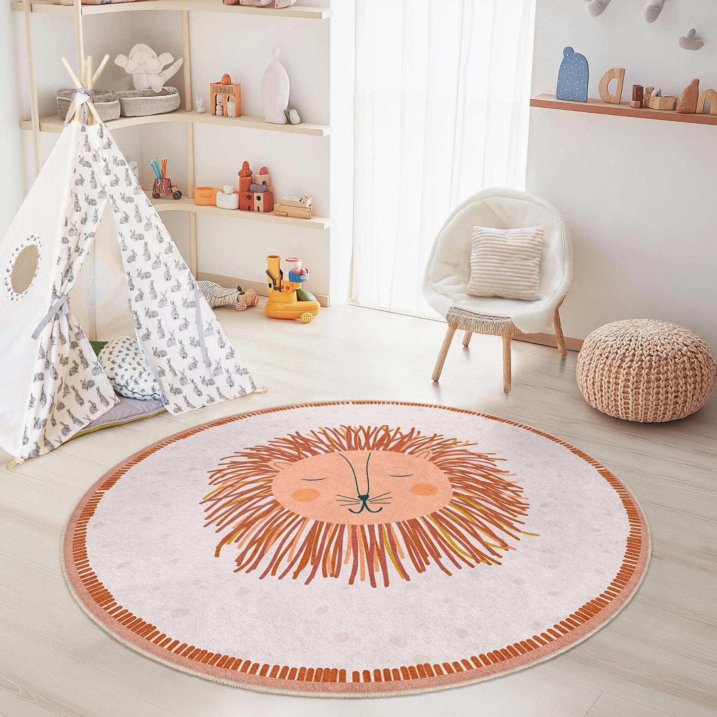 Cute Lion Round Area Rug for Kids, Soft Playroom Carpet, Adorable Nursery Decor, Round Animal Rug, Child's Room Accessories