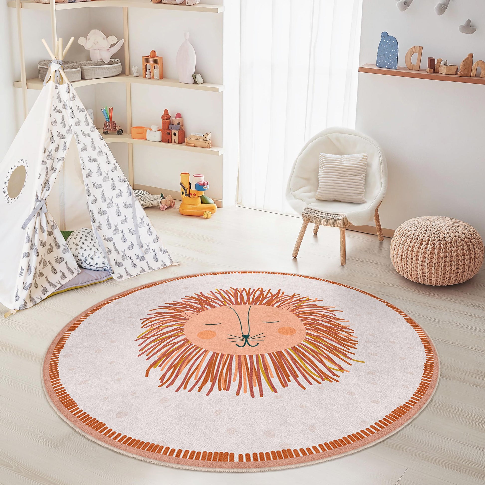 Cute Lion Round Area Rug for Kids, Soft Playroom Carpet, Adorable Nursery Decor, Round Animal Rug, Child's Room Accessories