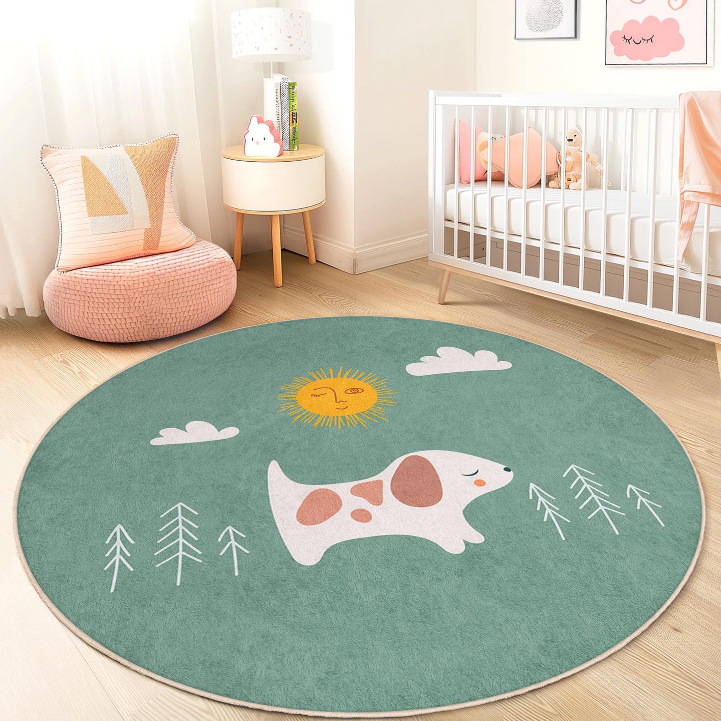Runder Kinderteppich mit niedlichem Hundemotiv, Spielmatte mit Hundemotiv, Kinderzimmerdeko, Kinderzimmerteppich, weicher Haustierteppich, Spielzimmeraccessoires