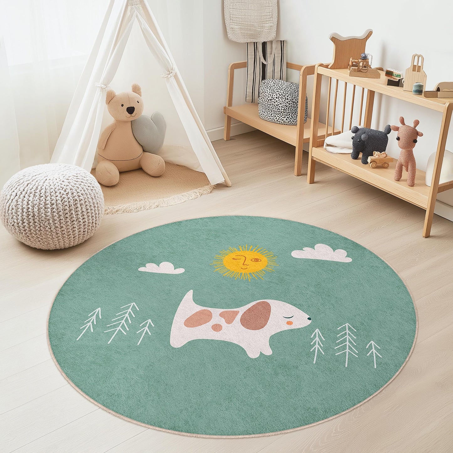 Runder Kinderteppich mit niedlichem Hundemotiv, Spielmatte mit Hundemotiv, Kinderzimmerdeko, Kinderzimmerteppich, weicher Haustierteppich, Spielzimmeraccessoires