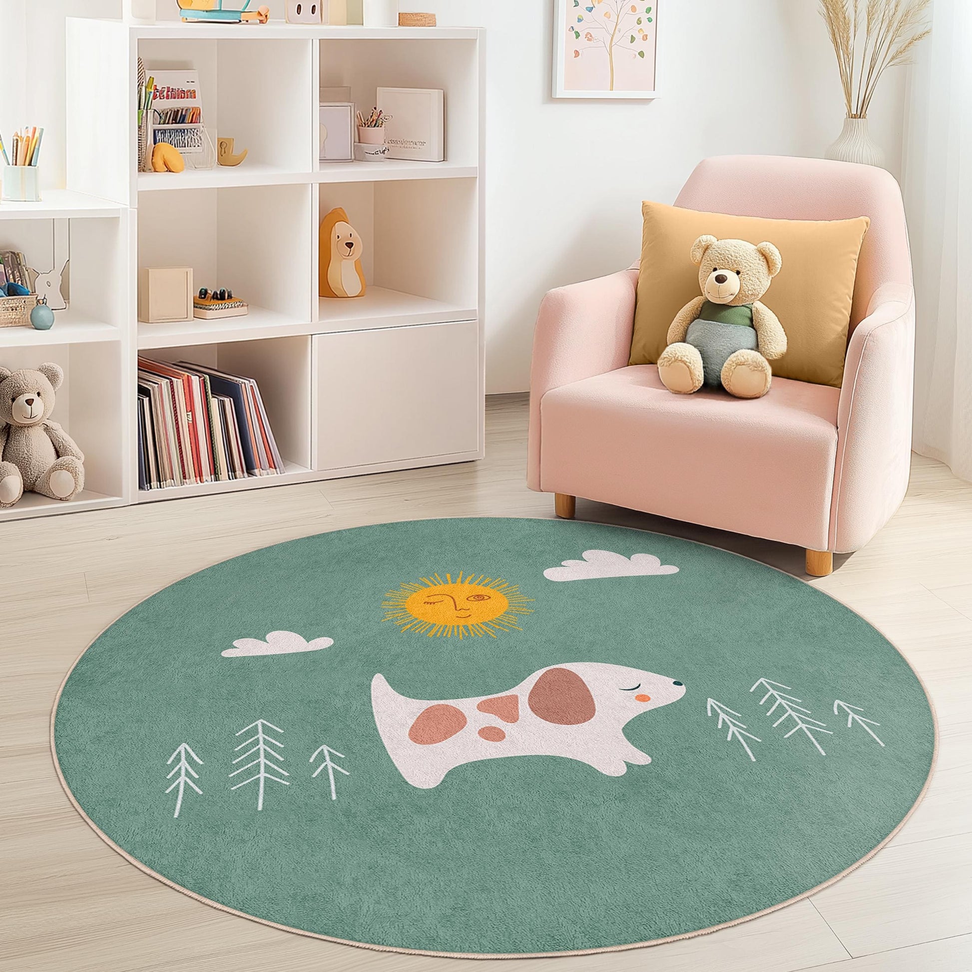 Cute Dog Round Kids Rug, Dog Design Play Mat, Nursery Decor, Kids Room Carpet, Soft Pet Rug, Playroom Accessories