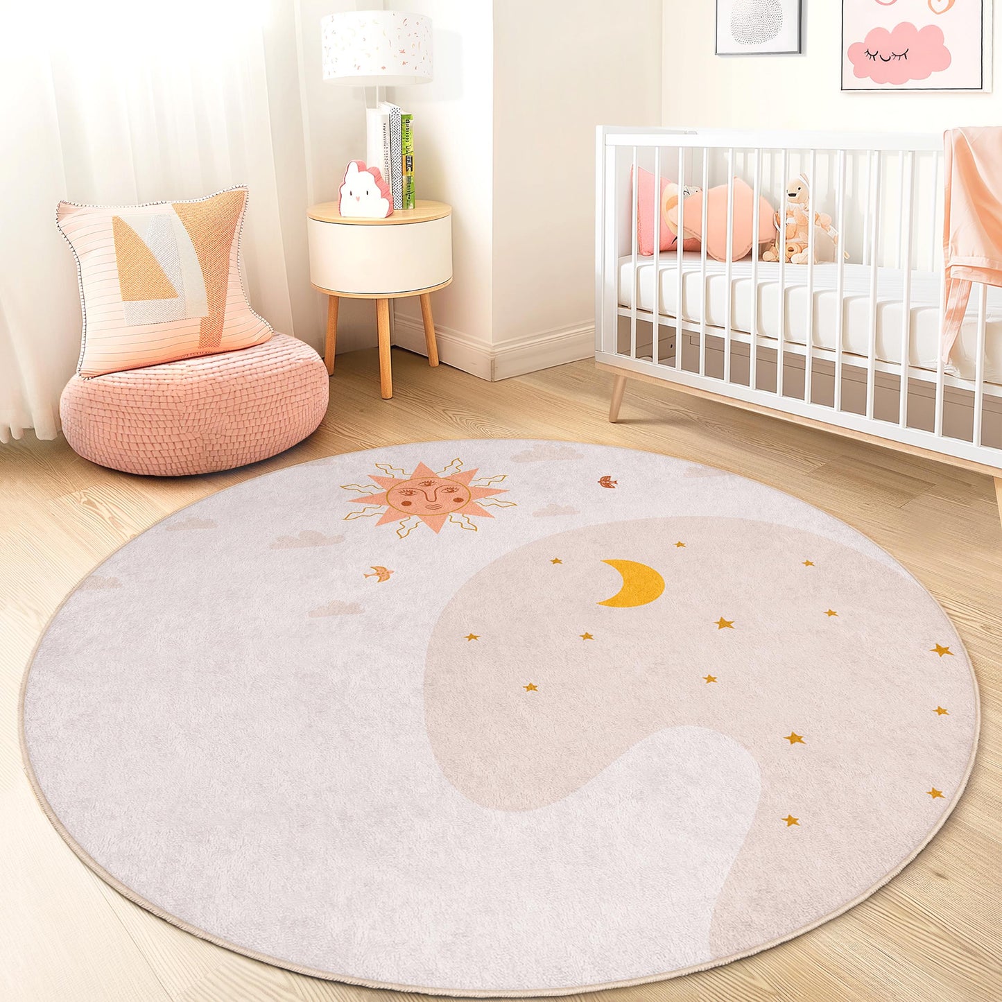 Runder Kinderteppich mit Sonne- und Mondmotiv, himmlische Kinderzimmerdekoration, weiche Spielmatte, Teppich für das Kinderzimmer, Spielzimmerteppich, Kinderteppich