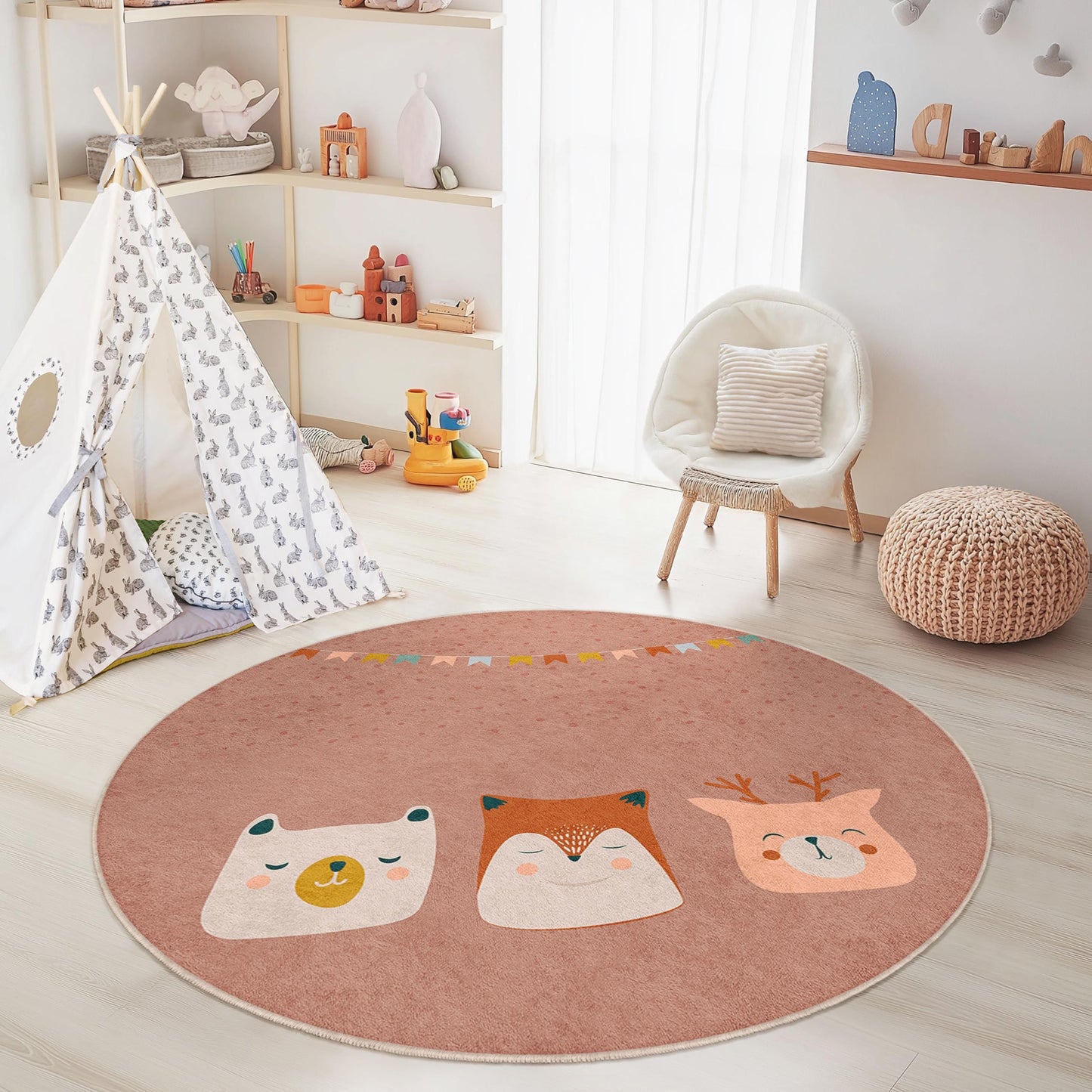 Runder Kinderteppich mit niedlichen Tiergesichtern, verspielte Kinderzimmerdekoration, weicher runder Teppich fürs Kinderzimmer, Teppich mit Tiermotiven, Spielmatte für Kinder
