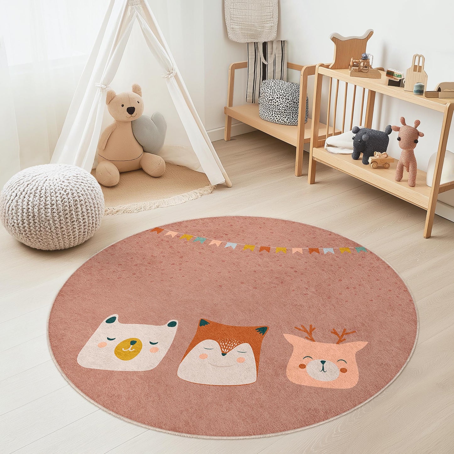 Runder Kinderteppich mit niedlichen Tiergesichtern, verspielte Kinderzimmerdekoration, weicher runder Teppich fürs Kinderzimmer, Teppich mit Tiermotiven, Spielmatte für Kinder
