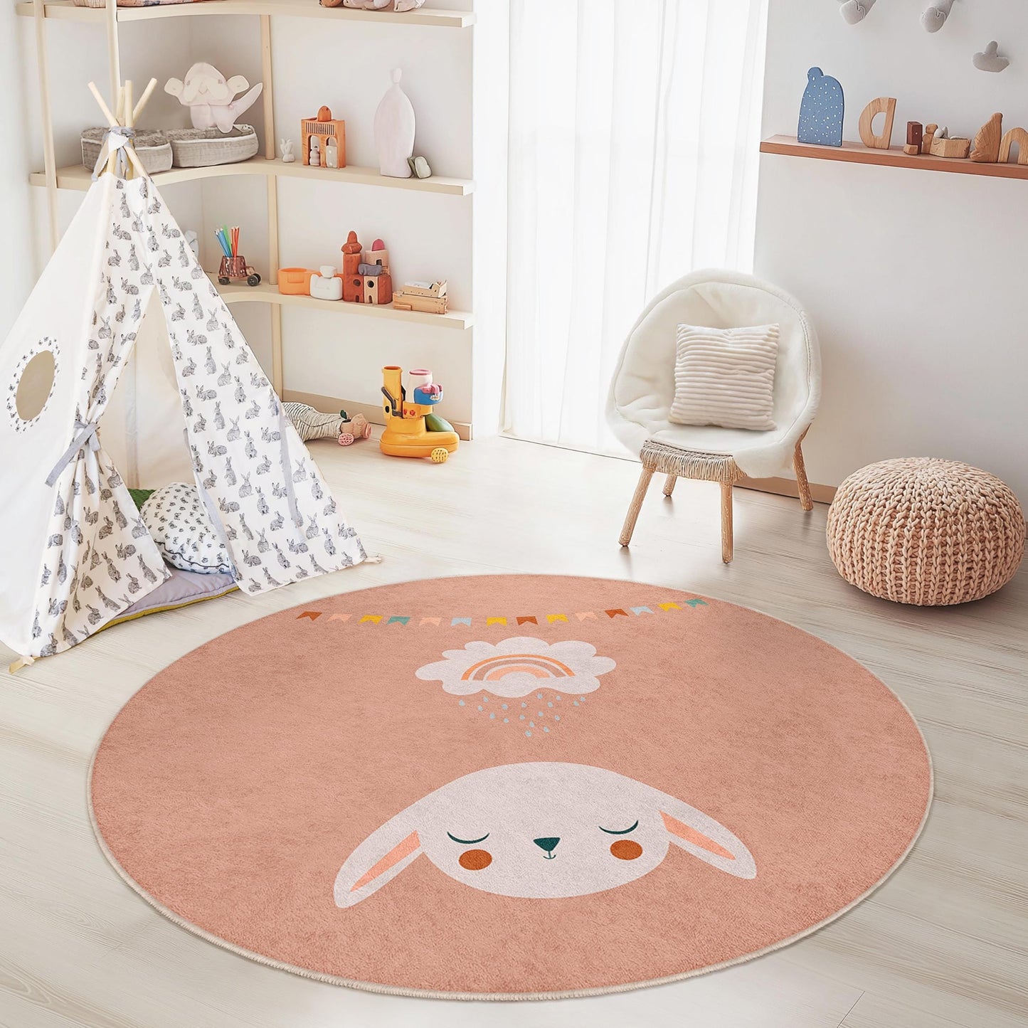 Niedlicher runder Kinderteppich mit Hasen-Regenbogen-Motiv, bezaubernde Spielmatte für Kinder, weiche Kinderzimmerdekoration, Babyzimmerteppich, Spielzimmerteppich, runde Spielmatte
