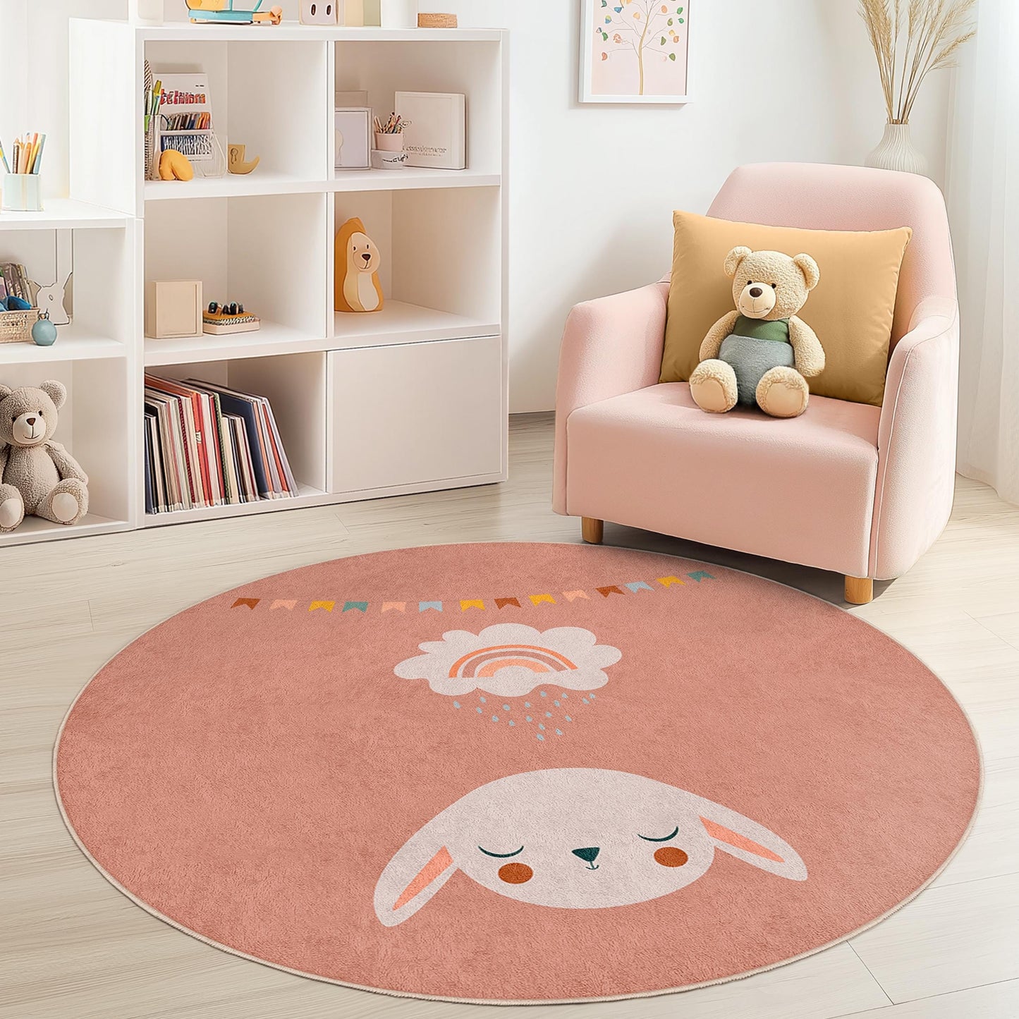 Niedlicher runder Kinderteppich mit Hasen-Regenbogen-Motiv, bezaubernde Spielmatte für Kinder, weiche Kinderzimmerdekoration, Babyzimmerteppich, Spielzimmerteppich, runde Spielmatte