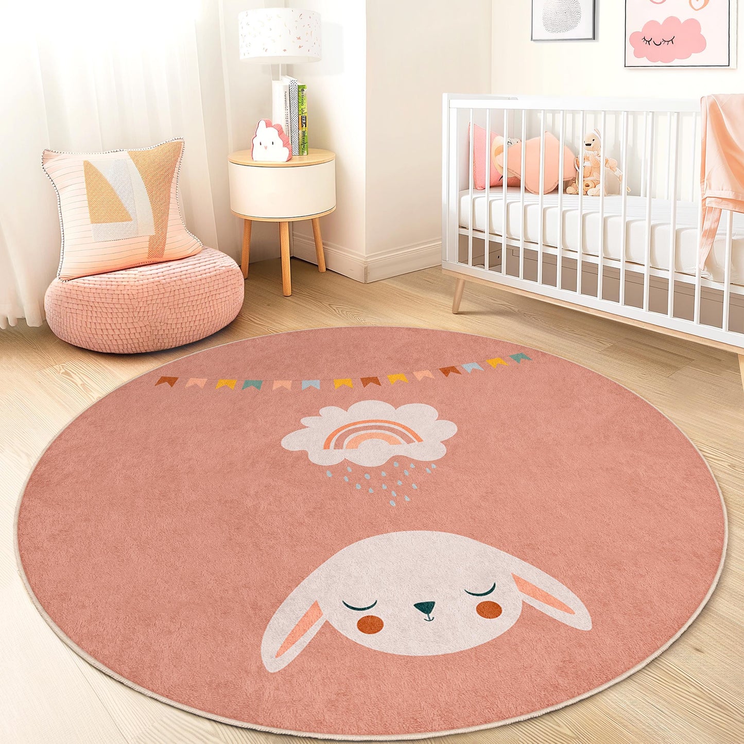 Niedlicher runder Kinderteppich mit Hasen-Regenbogen-Motiv, bezaubernde Spielmatte für Kinder, weiche Kinderzimmerdekoration, Babyzimmerteppich, Spielzimmerteppich, runde Spielmatte