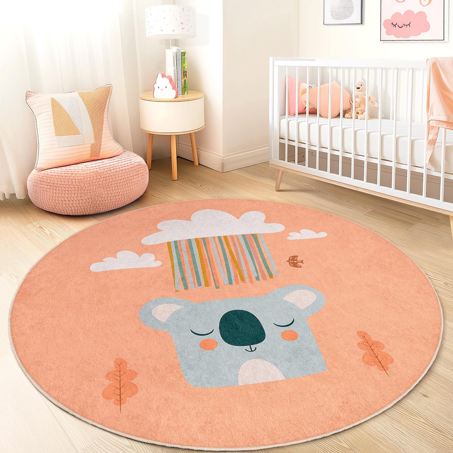 Cute Koala Round Kids Rug, Animal Themed Nursery Decor, Soft Play Mat for Kids Room, Adorable Round Carpet for Playroom