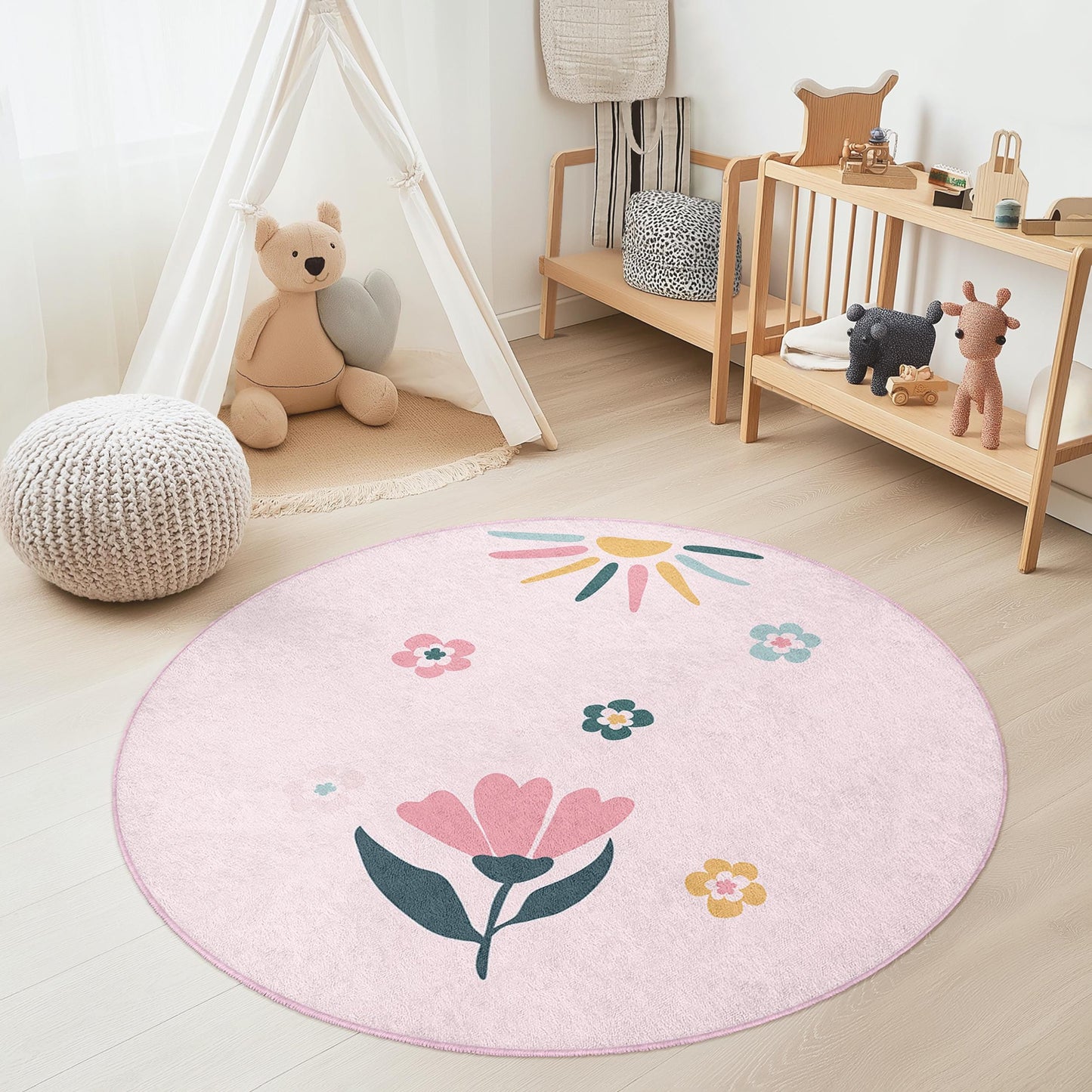 Floral Round Kids Play Rug, Flower Print Round Rug, Nursery Decor, Kids Room Carpet, Cute Floral Mat, Playroom Rug