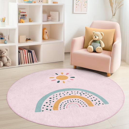 Rainbow Sun Round Kids Play Rug, Colorful Round Mat for Nursery, Playroom Decor, Soft Carpet for Childrens Room, Playful Rainbow Rug