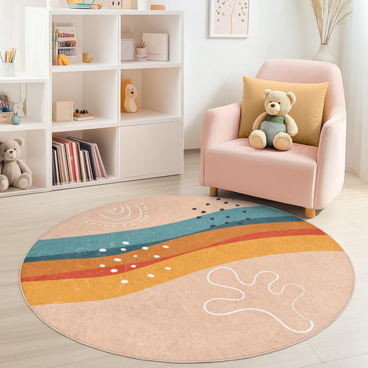 Colorful Round Abstract Area Rug, Bohemian Living Room Rug, Soft Circle Rug for Kids Room, Unique Home Decor, Playroom Carpet