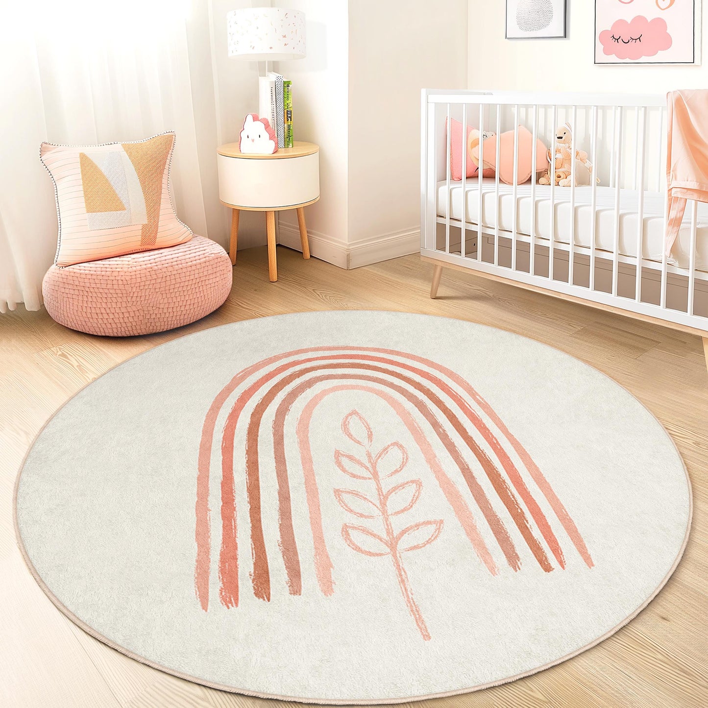 Runder Kinderteppich mit Regenbogen- und Blättermuster, Boho-Kinderzimmerteppich, weiche Spielmatte fürs Kinderzimmer, runder Teppich fürs Spielzimmer