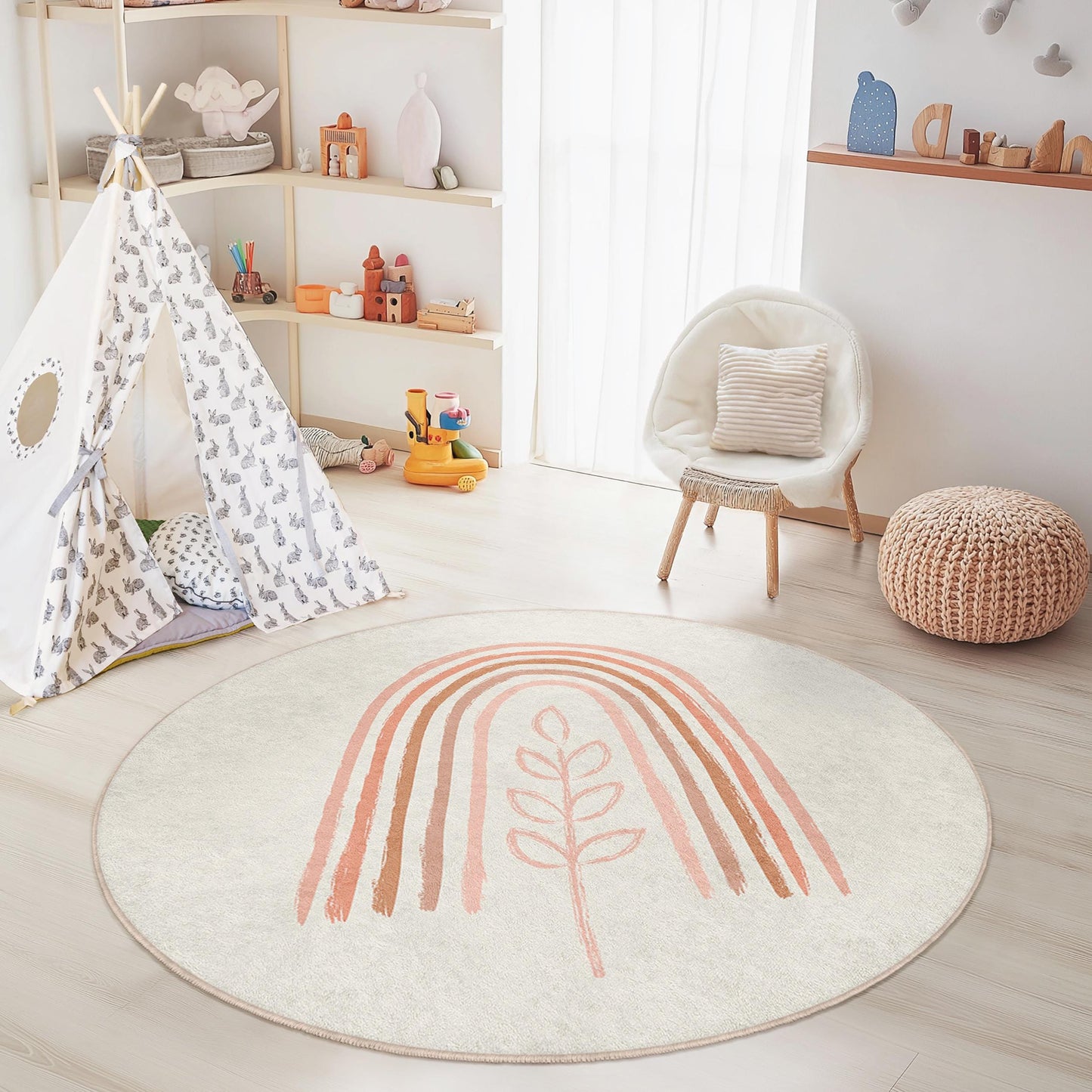 Runder Kinderteppich mit Regenbogen- und Blättermuster, Boho-Kinderzimmerteppich, weiche Spielmatte fürs Kinderzimmer, runder Teppich fürs Spielzimmer
