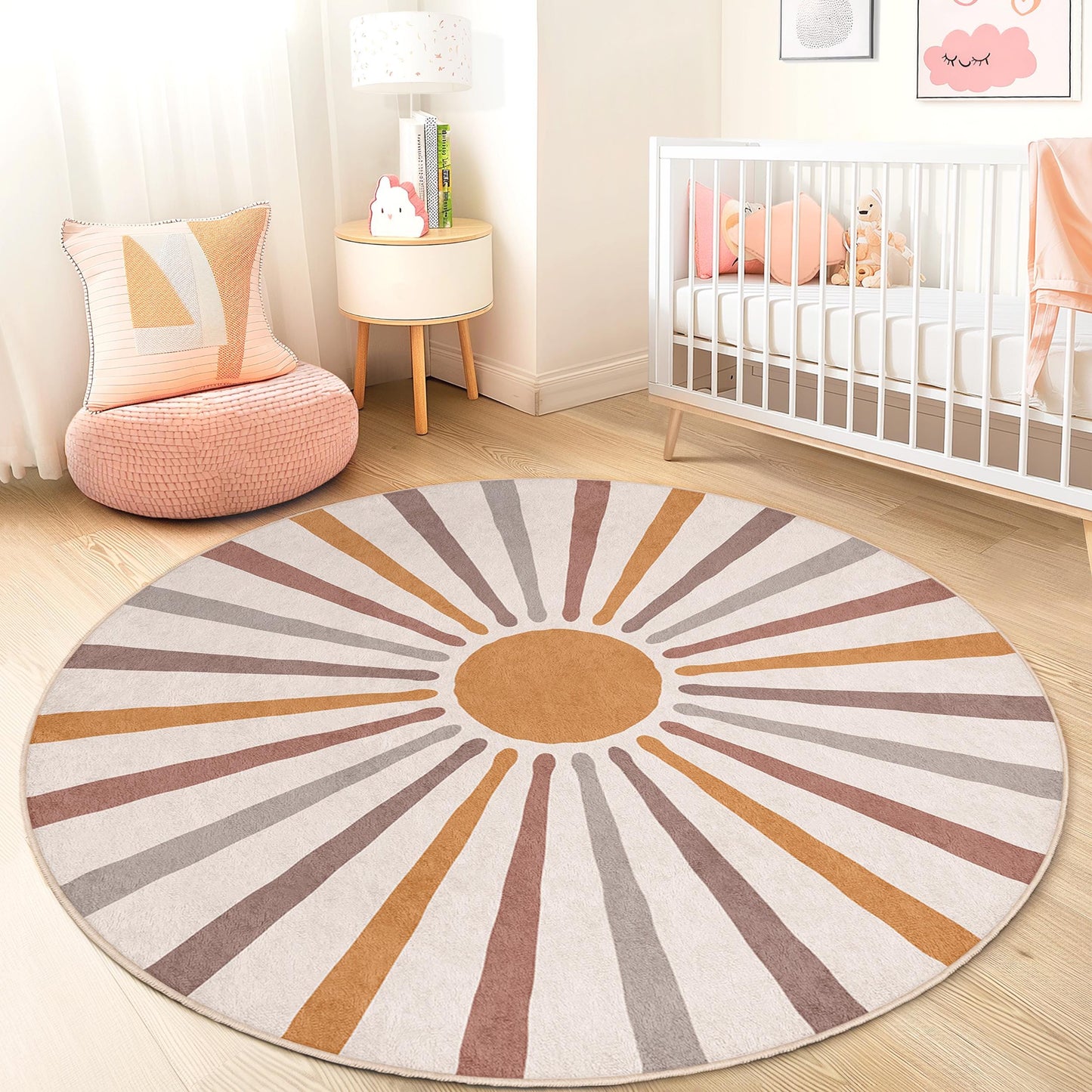 Runder Teppich mit Sonnenmotiv fürs Kinderzimmer, warmfarbiger runder Teppich, weiche Spielmatte, Kinderzimmerdeko, Spielzimmer-Accessoire