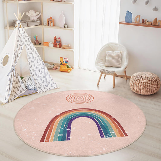 Rainbow Circle Kids Play Rug, Round Colorful Nursery Rug, Playroom Carpet, Soft Circle Rug for Kids Room, Childrens Decor