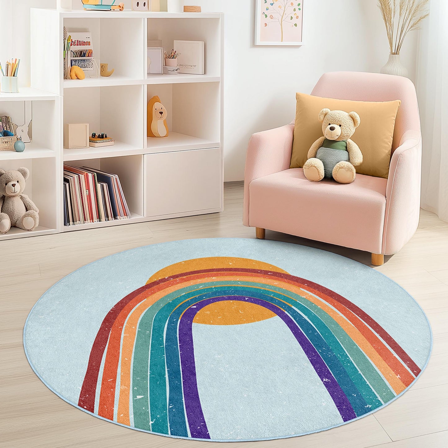 Bunter Regenbogen-Kinderteppich, lebendige Kinderzimmerdekoration, runder Spielzimmerteppich, weicher Kinderteppich, Babyzimmermatte