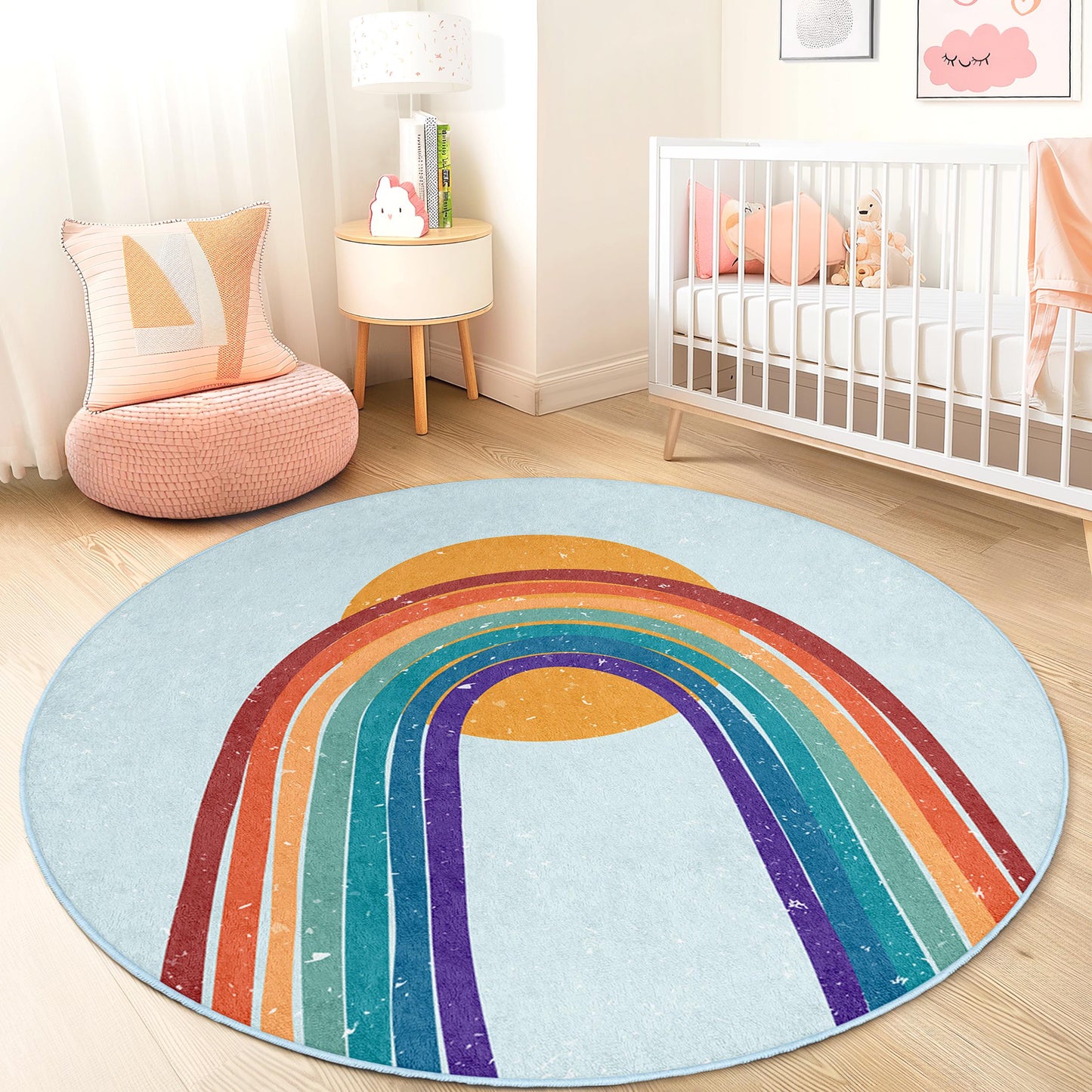 Bunter Regenbogen-Kinderteppich, lebendige Kinderzimmerdekoration, runder Spielzimmerteppich, weicher Kinderteppich, Babyzimmermatte
