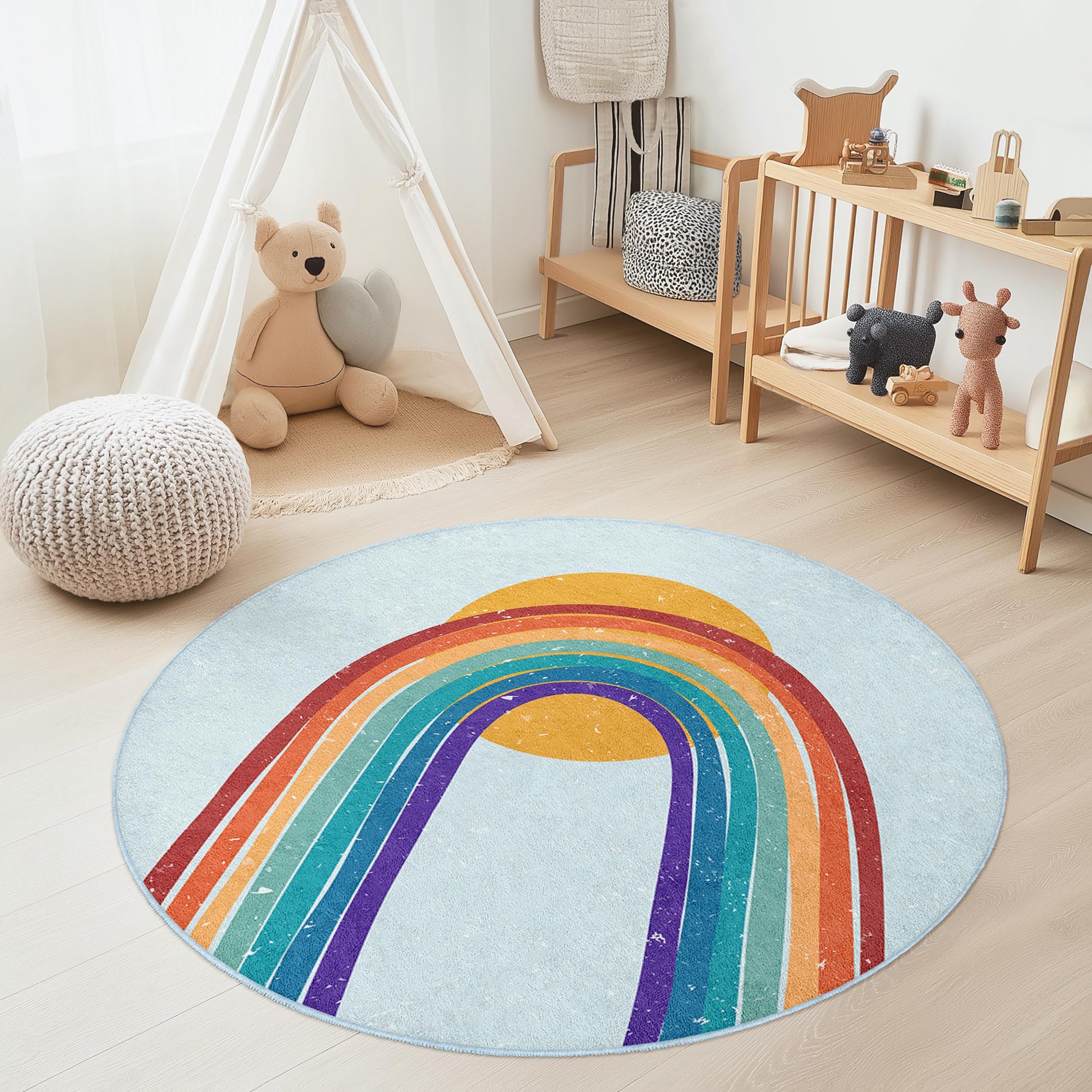 Colorful Rainbow Round Kids Rug, Vibrant Nursery Decor, Round Playroom Rug, Soft Children's Carpet, Baby Room Mat