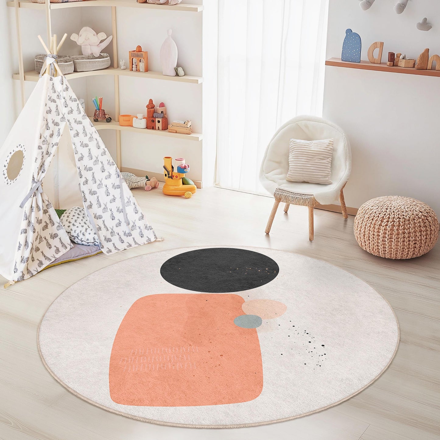 Geometrischer Kinderzimmerteppich: Moderne abstrakte Spielmatte im Kreis