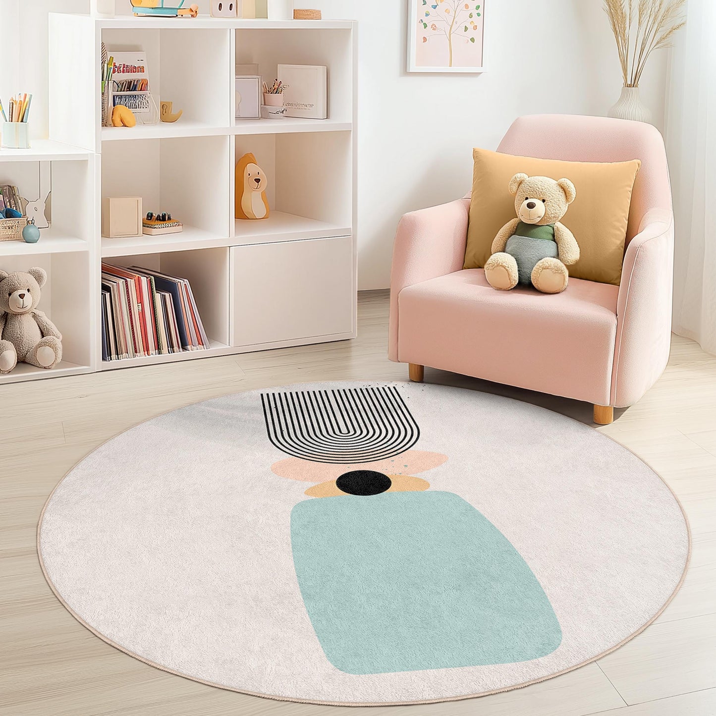 Moderner, abstrakter runder Teppich, geometrisches Muster, stilvoller runder Teppich für Kinderzimmer und Spielzimmer, weicher runder Teppich