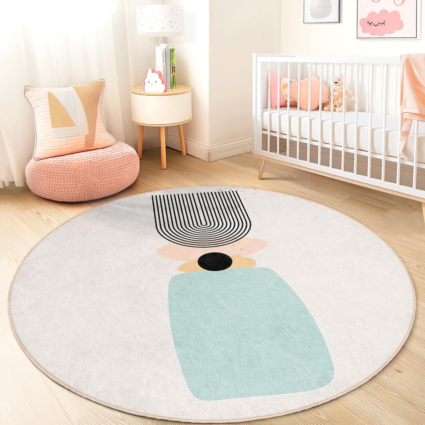 Moderner, abstrakter runder Teppich, geometrisches Muster, stilvoller runder Teppich für Kinderzimmer und Spielzimmer, weicher runder Teppich
