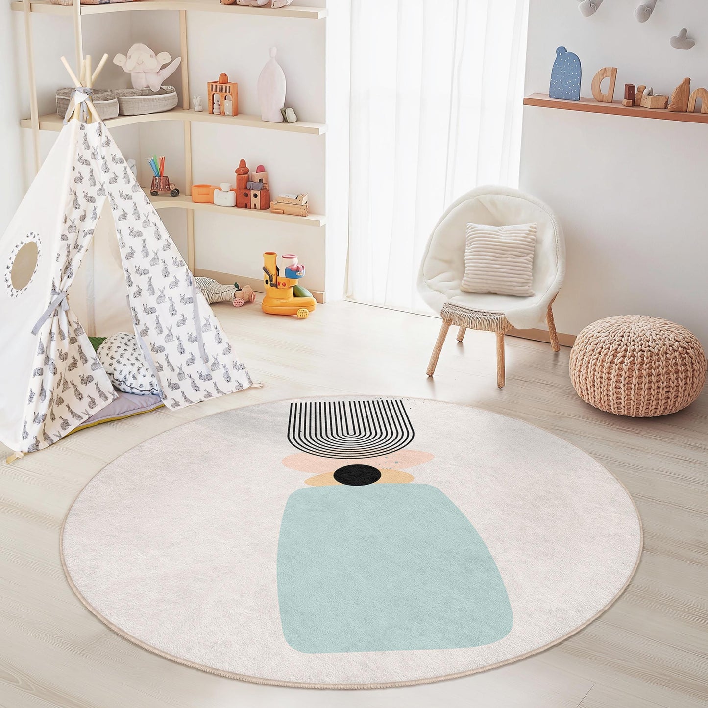 Modern Abstract Round Area Rug, Geometric Pattern Carpet, Stylish Round Rug for Kids Room, Playroom Decor, Soft Circular Rug