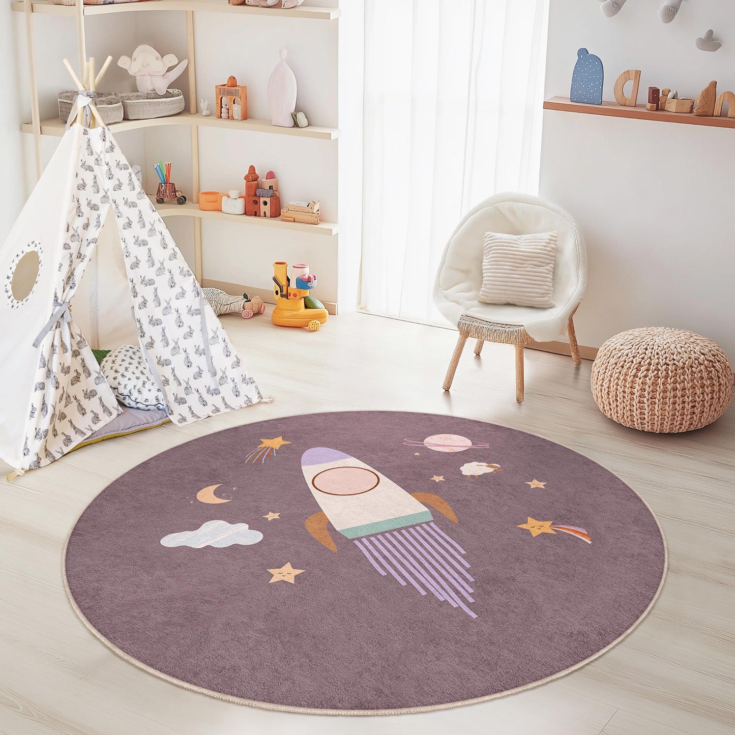 Runder Kinderteppich mit Raketen-Weltraummotiv, Spielmatte fürs Kinderzimmer, Kinderzimmerteppich, weicher runder Teppich für Kinder