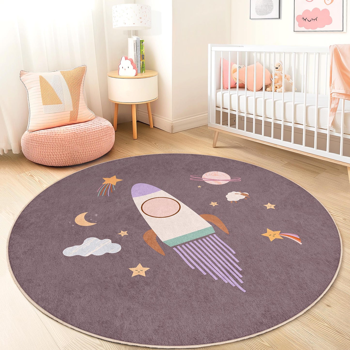 Runder Kinderteppich mit Raketen-Weltraummotiv, Spielmatte fürs Kinderzimmer, Kinderzimmerteppich, weicher runder Teppich für Kinder