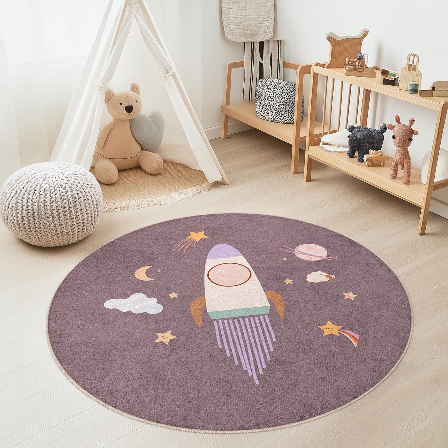 Rocket Space Themed Round Kids Rug, Outer Space Play Mat, Nursery Decor, Playroom Carpet, Soft Round Rug for Children