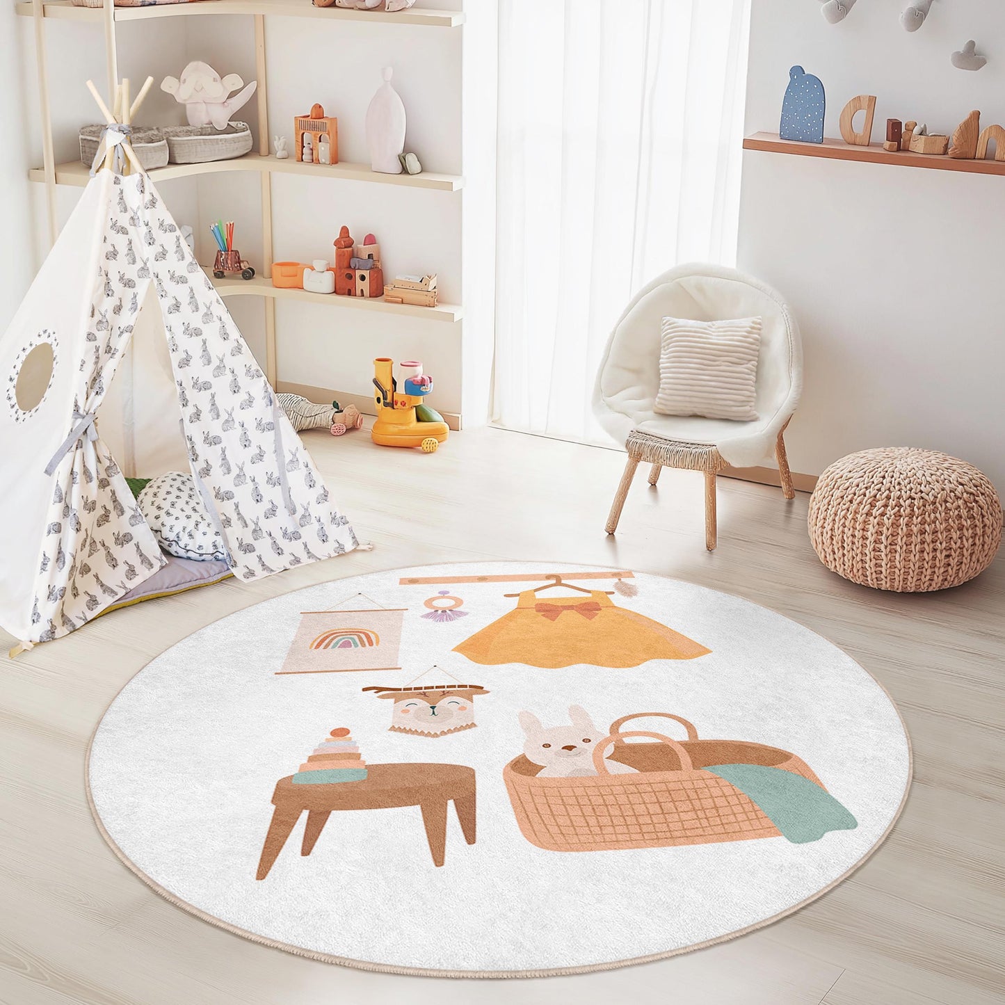 Verspielter runder Kinderzimmerteppich, niedlicher Teppich mit Tiermotiven, fröhlicher Teppich für das Babyzimmer, Spielmatte fürs Kinderzimmer