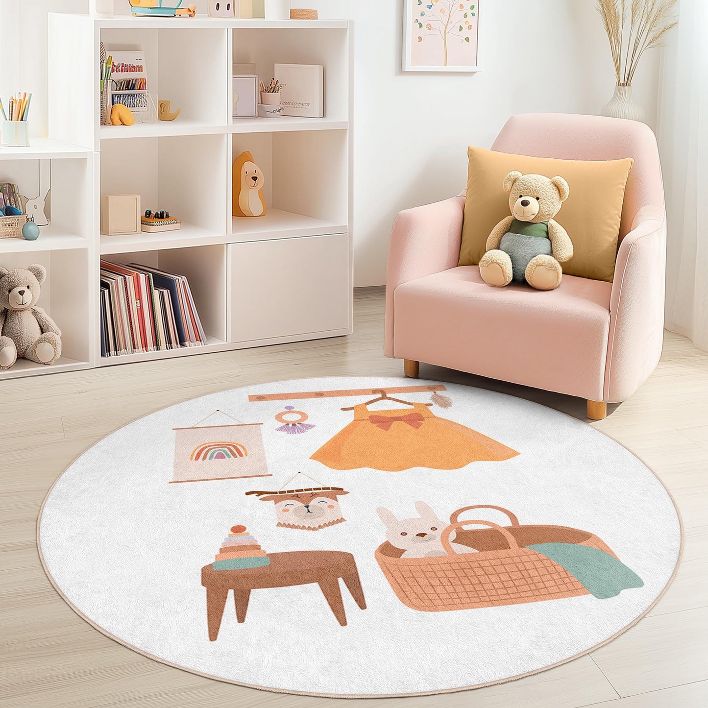 Verspielter runder Kinderzimmerteppich, niedlicher Teppich mit Tiermotiven, fröhlicher Teppich für das Babyzimmer, Spielmatte fürs Kinderzimmer